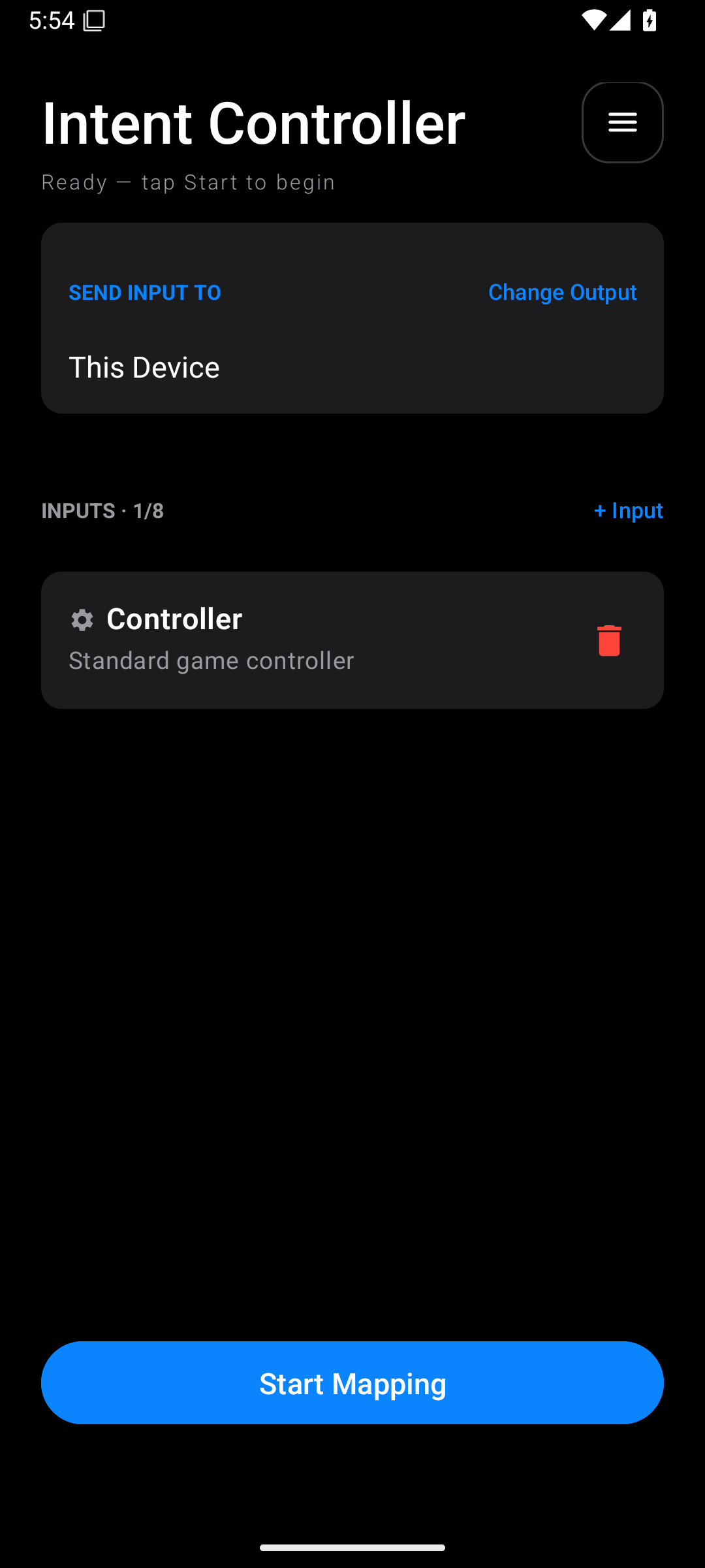 Home screen with This Device selected, a Controller input, and Start Mapping