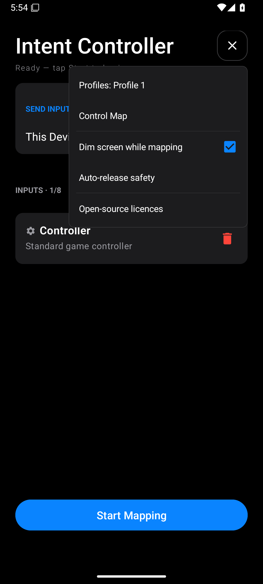 Home menu with Profiles, Control Map, Dim screen while mapping, Auto-release safety, and Open-source licences