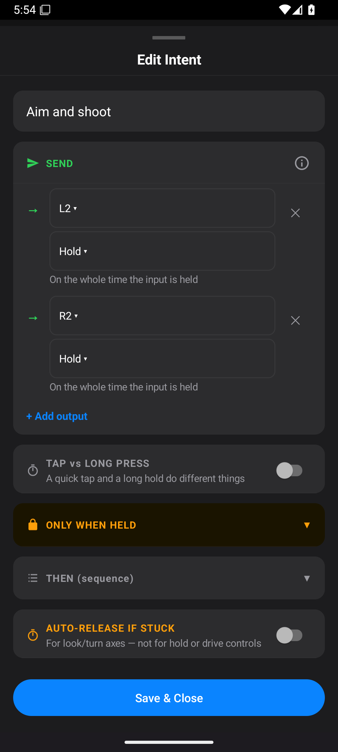 Edit Intent named Aim and shoot with L2 Hold and R2 Hold in SEND