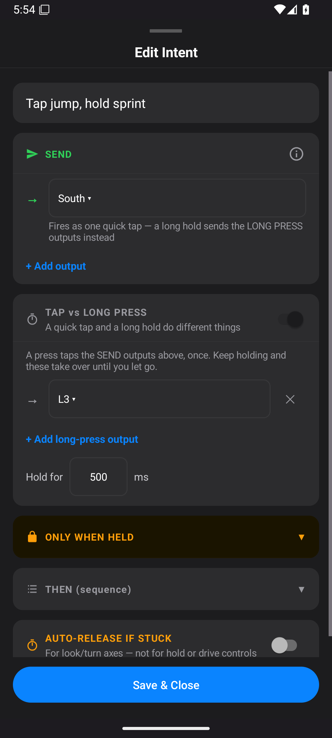 Tap versus long press Intent with South in SEND, L3 as long-press output, and Hold for 500 ms
