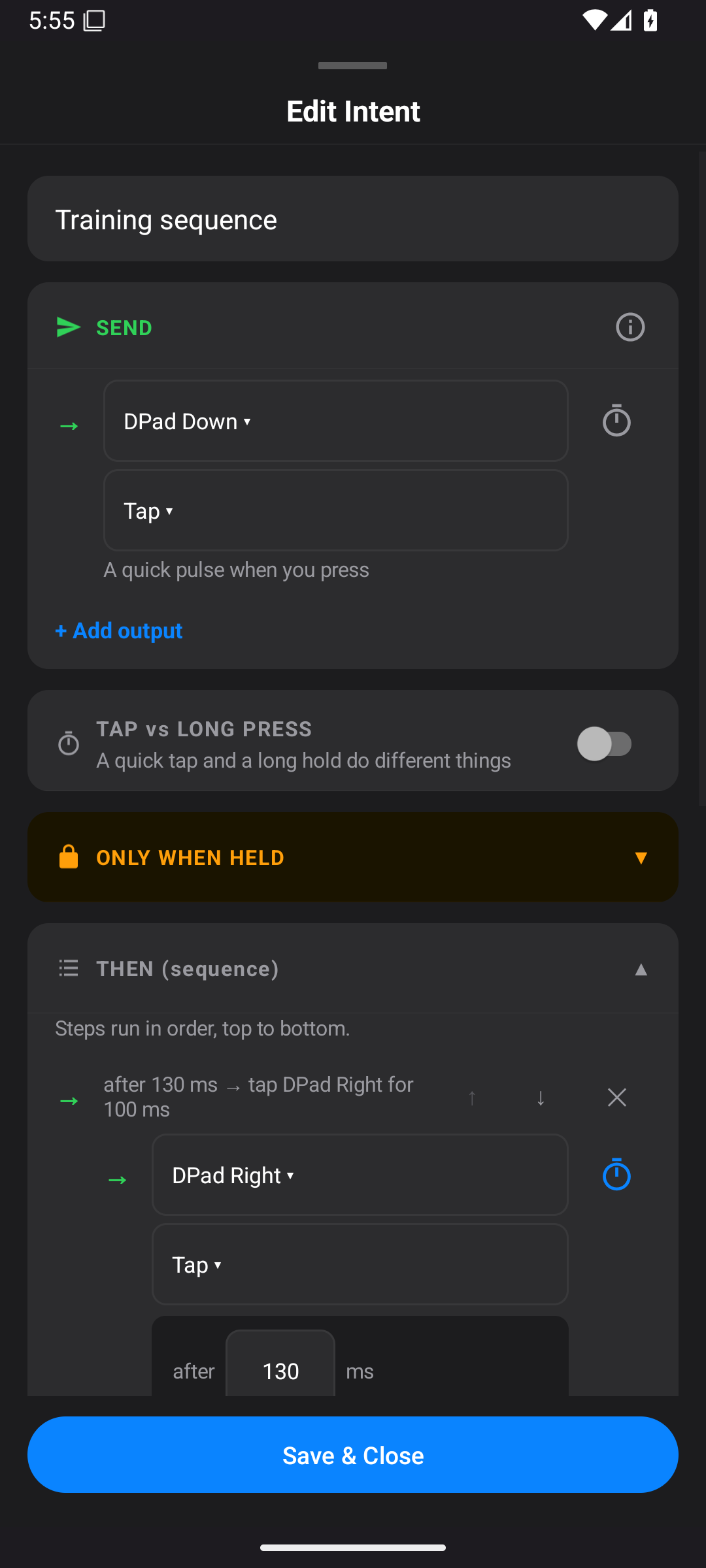 Intent editor with a DPad Down tap in SEND and an expanded THEN sequence