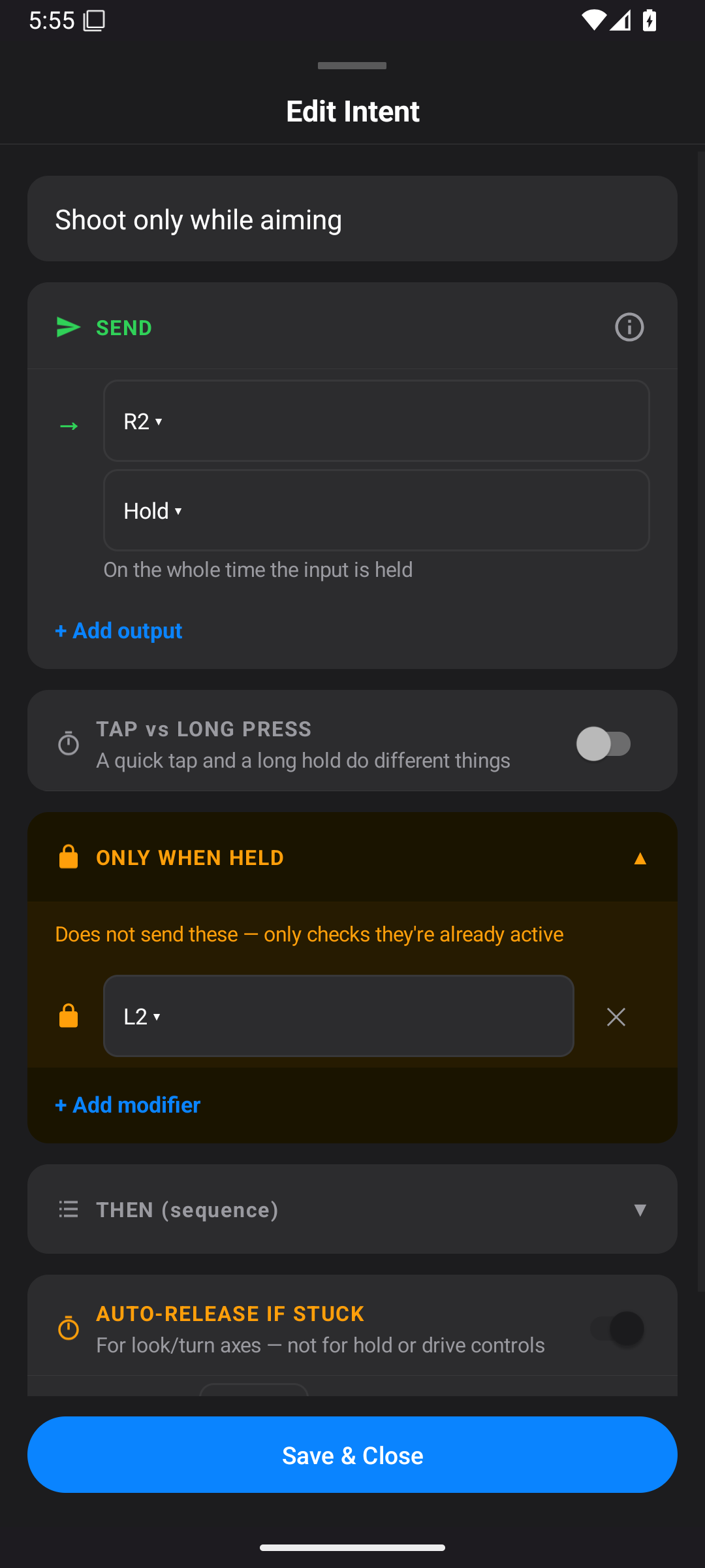 Intent sending R2 only when L2 is already active; Add modifier button visible
