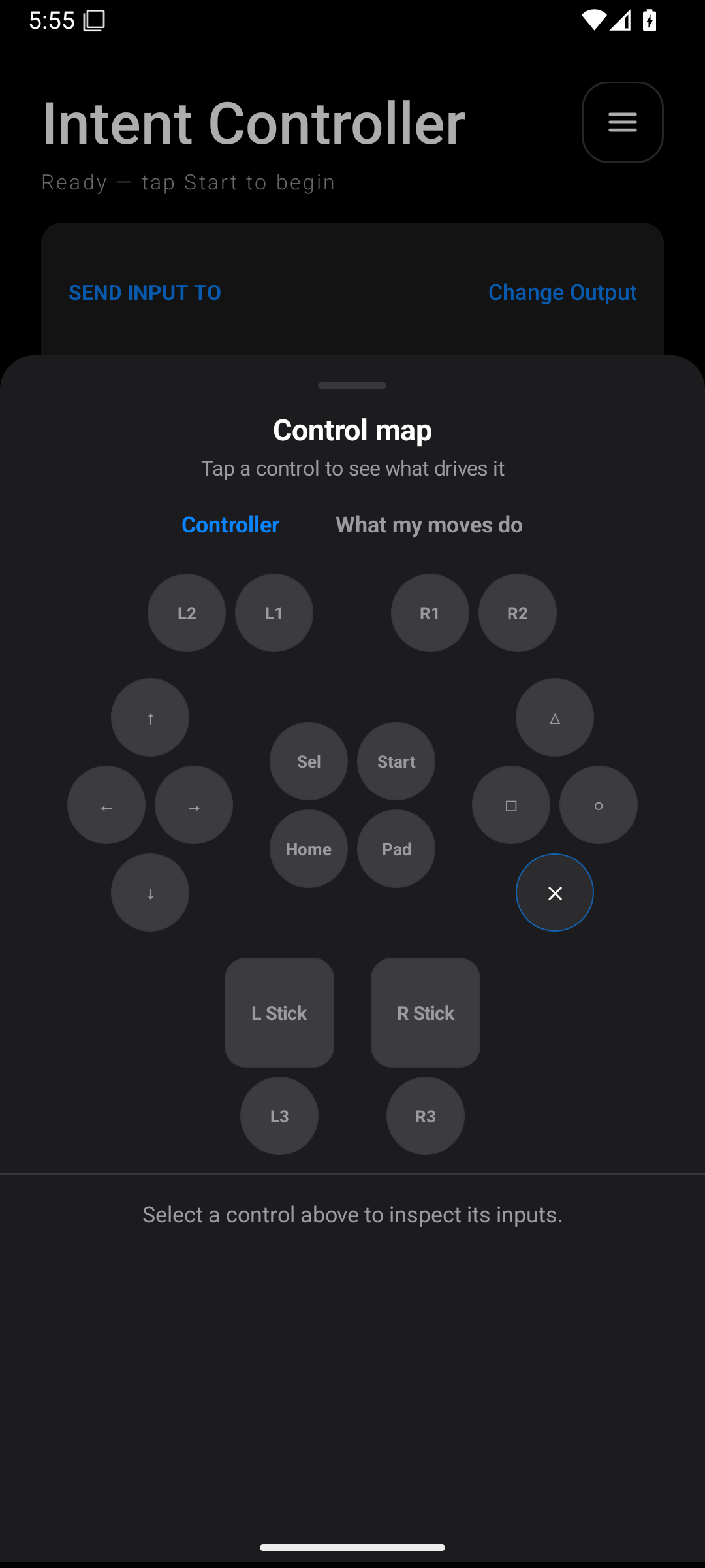Control map with Controller and What my moves do tabs and controller diagram