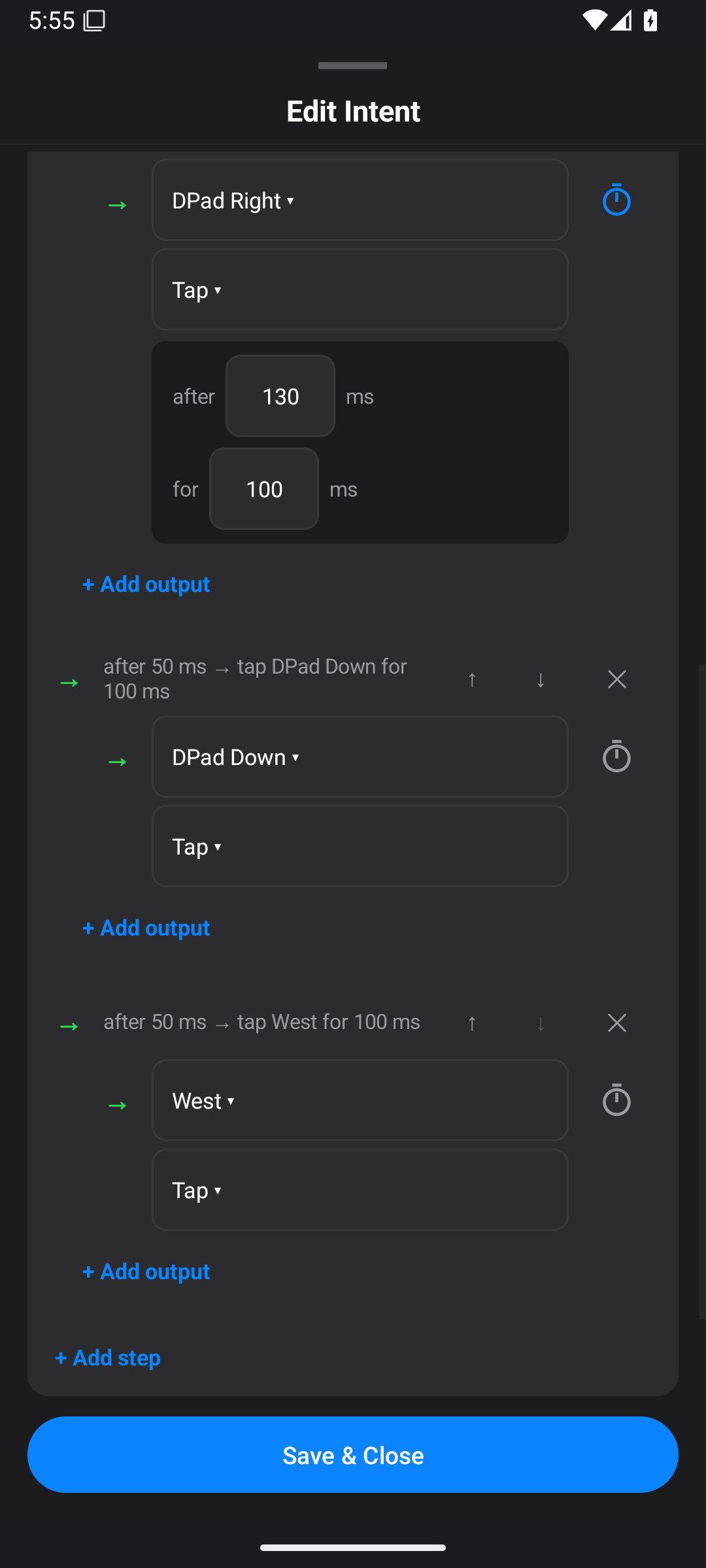 Sequence showing DPad Right after 130 ms for 100 ms, then DPad Down and West, with Add step