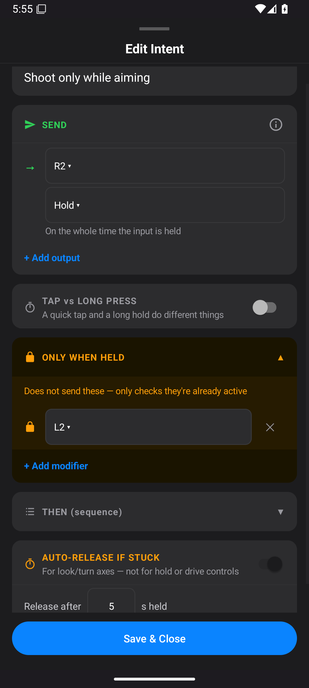 Intent auto-release setting with a five-second release threshold